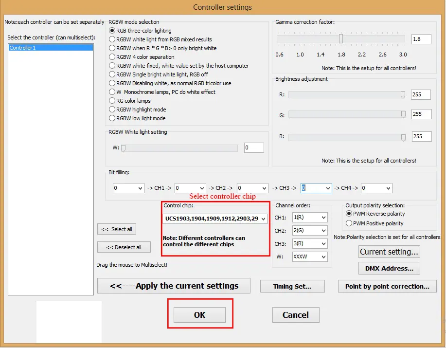 use LEDEdit-K software: Controller Settings Window