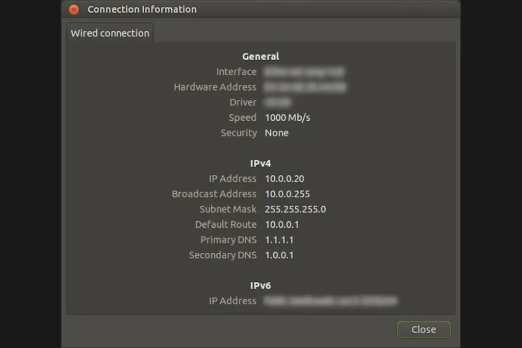 desktop of ubuntu os showing ip address on connection information window