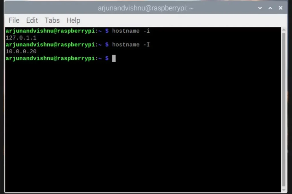 terminal window of raspberry pi os showing result of hostname ip commands
