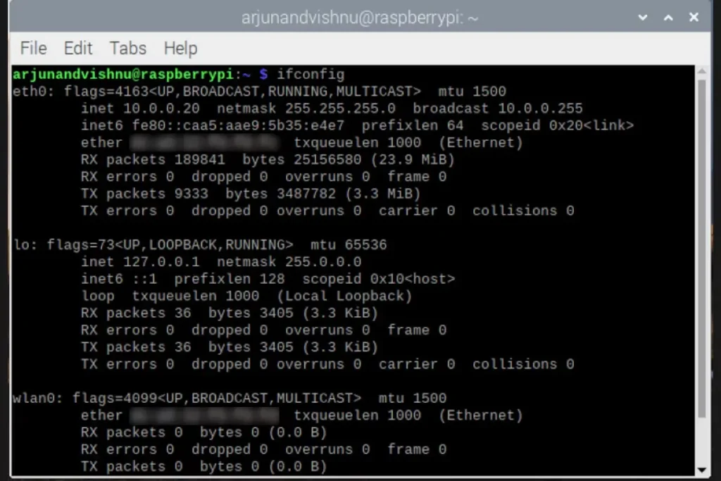 terminal window of raspberry pi os showing result of ifconfig command
