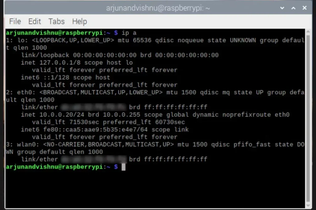 terminal window of raspberry pi os showing result of ip a command