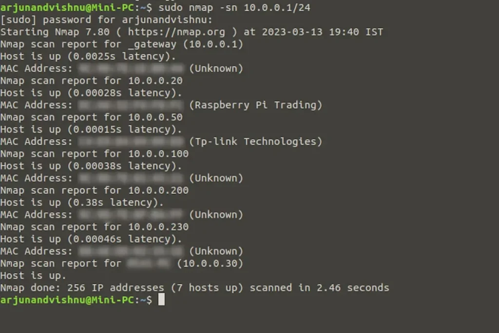 terminal window of linux os showing result of nmap network scan
