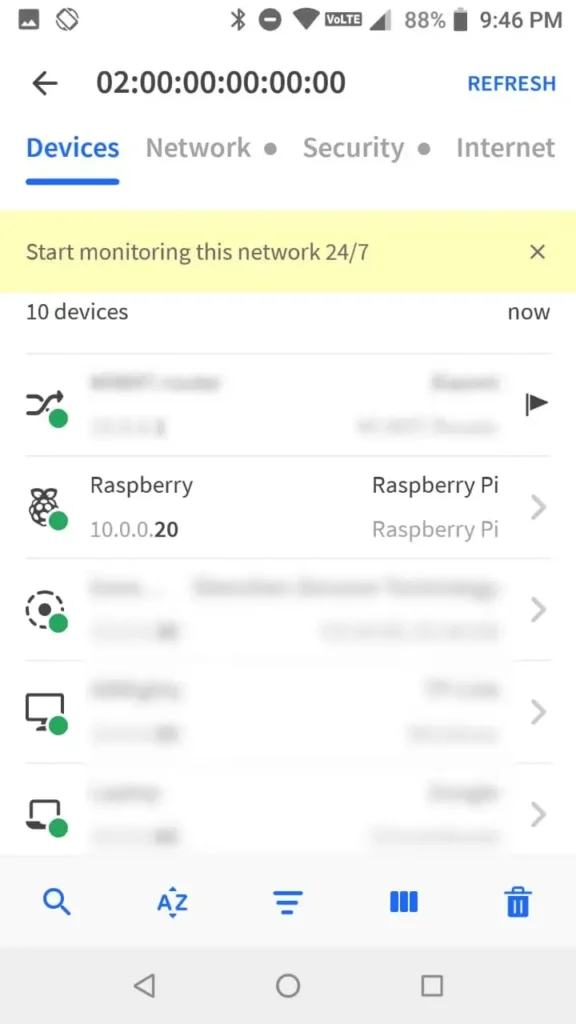 fing app on android showing scanned devices on the network