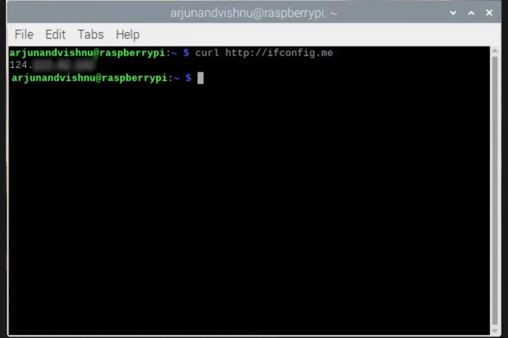 terminal window of raspberry pi os showing public ip address retrieved using curl command