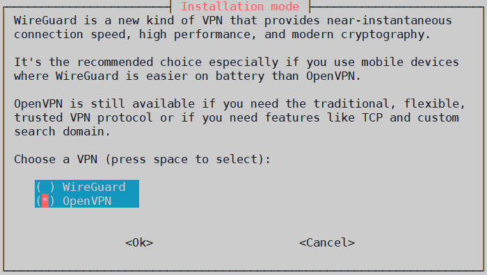 PiVPN Choose software type for VPN - OpenVPN