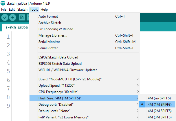 ESP8266 Select SPIFFS FS Filesystem size in Tools menu using Arduino IDE