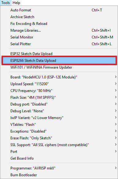 ESP8266 Sketch Data Upload Arduino IDE SPIFFS FS Filesystem