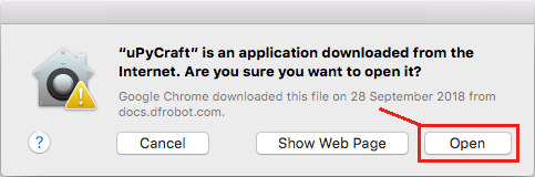Open pop up uPycraft IDE Mac OS X
