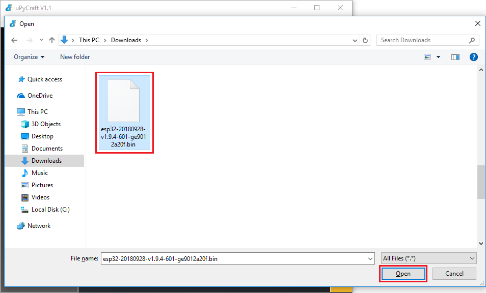select esp32 bin file uPyCraft IDE