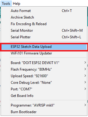 ESP32 Sketch Data Upload Arduino IDE SPIFFS FS Filesystem