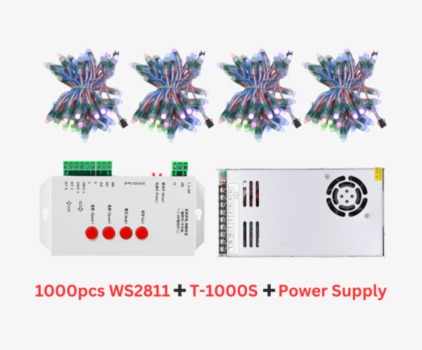 1000pcs WS2811 Full Color LED Pixel Module IP68 12MM + T-1000S Controller + 5V 70A LED Power Supply Adapter