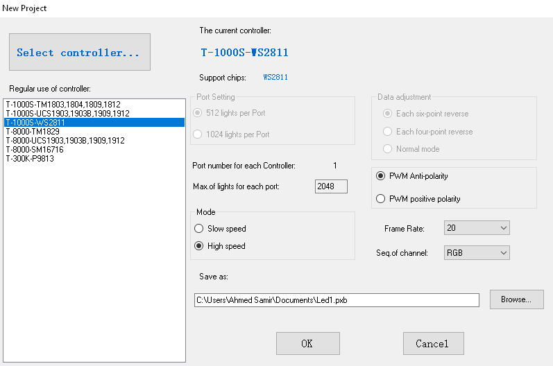 Selecting the controller in LEDEdit 2014 software