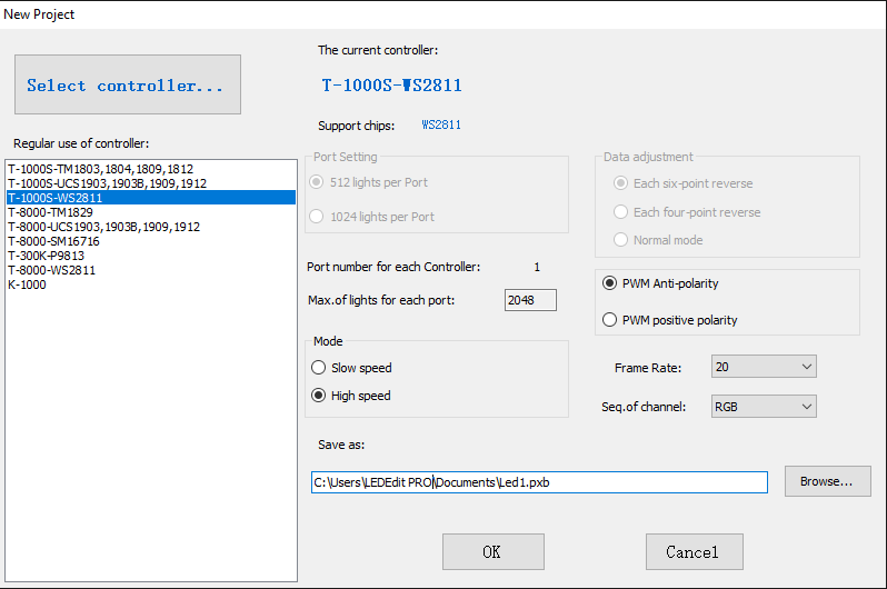 How to Connect Two T1000s LED Controllers 5 new project window - LEDEdit 2014