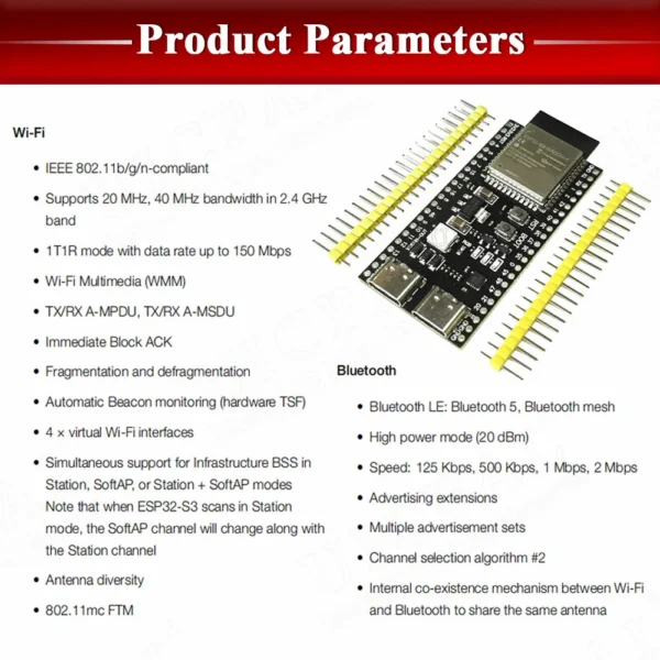 ESP32-S3 Development Board 2.4G Wifi Module for Arduino ESP IDF ESP32-S3-WROOM-1 N8R2 N16R8 44Pin Type-C 8M PSRAM ESP32 S3.