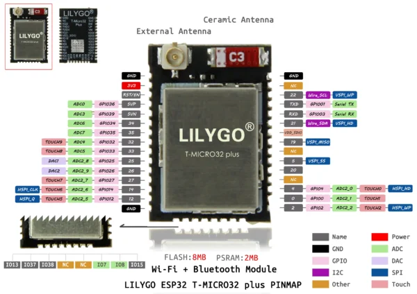 LILYGO® T-Micro32 Plus ESP32 Development Board Wireless WiFi Bluetooth Compatible Module 8MB Flash 2MB Psram ESP 32 For Arduino.