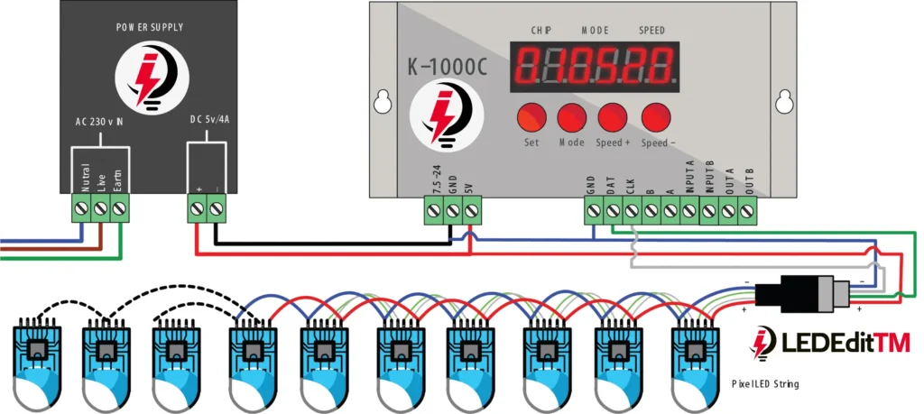 Single K-1000C Controller With 4 Wire Pixel LED Strip or String