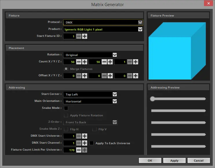 2D Patch With The Matrix Generator For DMX Output 4 Matrix Generator opens with the default settings