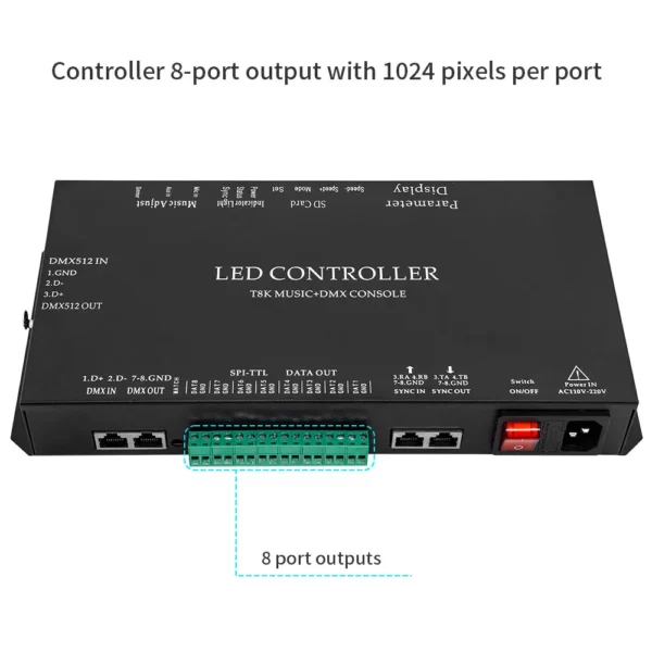 T8K Music DMX Console SPI-TTL Led Strip Light Controller 8 Channels Port With Mic in/Aux in For WS2811 WS2812B WS2813 WS2815