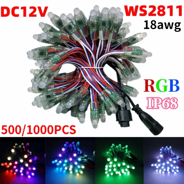 500-1000pcs WS2811 Resistor Bullet Led Pixel Light 18awg RBW Color Wire 13.5MM 12MM DC12V Connecter Full Color LED Modules Lamp