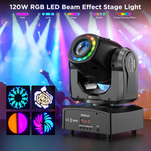 kf-Sc1936274af024f638145354098440f4eM U'King 120W LED Beam Moving Head Light RGB Color Mixing 8 Patterns DMX Effect Light Rotating Stage Light for DJ Show Party KTV