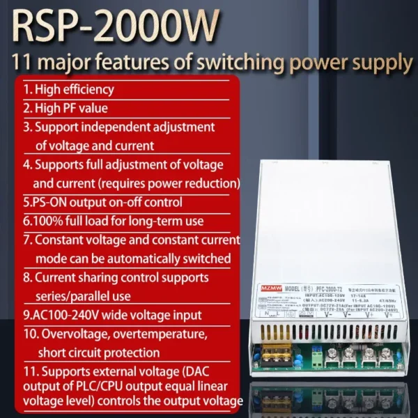 MZMW PFC Switching Power Supply 2000W 0-24/36/48/60/72/110/220V CC/CV 100-240V AC/DC Current&Voltage Adjustable Transformer SMPS