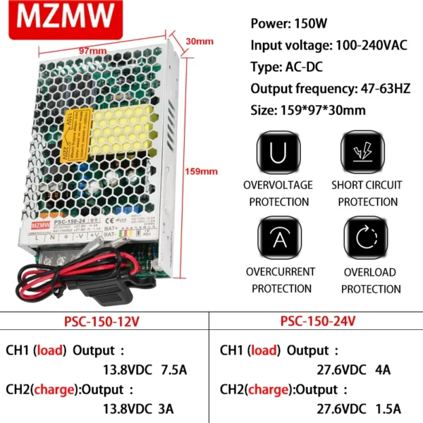 kf-S2f580a2fcc254a139400dfd172f0f0feZ MZMW 150W UPS Charger Switching Power Supply 12V 24V AC DC 13.8V 7.5A 27.6V 4A 110V 220V SMPS Battery charging PSC-150-24 150-12