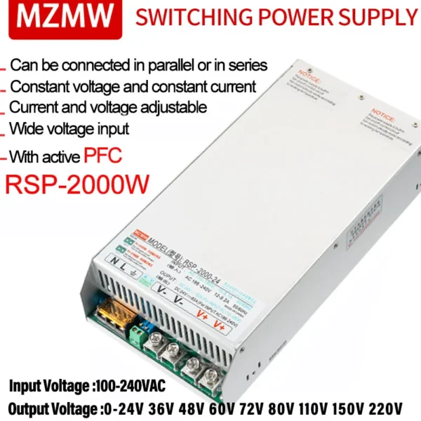 MZMW PFC Switching Power Supply 2000W 0-24/36/48/60/72/110/220V CC/CV 100-240V AC/DC Current&Voltage Adjustable Transformer SMPS