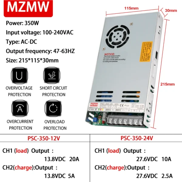 MZMW 350W UPS Charger Switching Power Supply 12V 24V AC DC 13.8V 20A 27.6V 10A Uninterruptible Power SMPS PSC-350-12 PSC-350-24