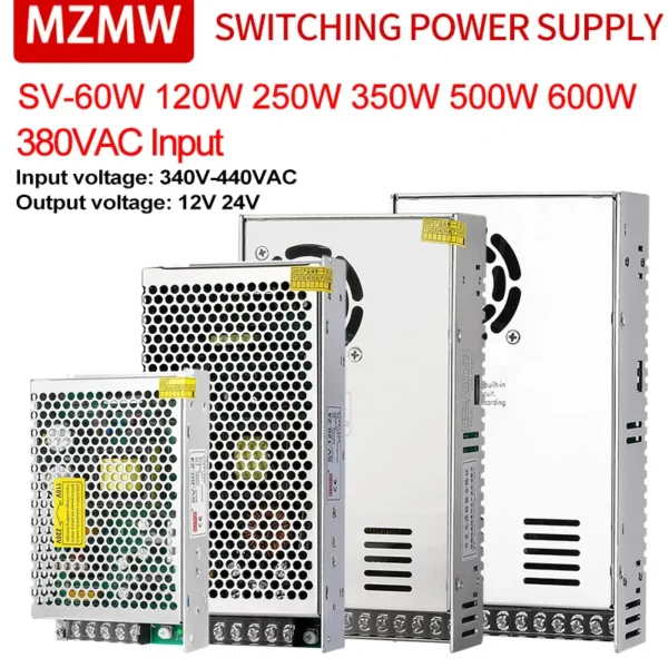 MZMW 60W 120W 250W 350W 500W 600W Switching Power Supply Three-phase 380VAC Input AC To DC 12V 24V Single Output SMPS SV Series