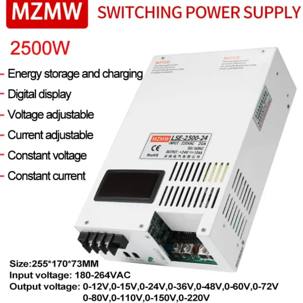 MZMW Adjustable Switching Power Supply Digital Display 2500W AC/DC CC/CV 0-12V 24V 36V 48V 60V 72V 80V 110V 220V Industrial SMPS