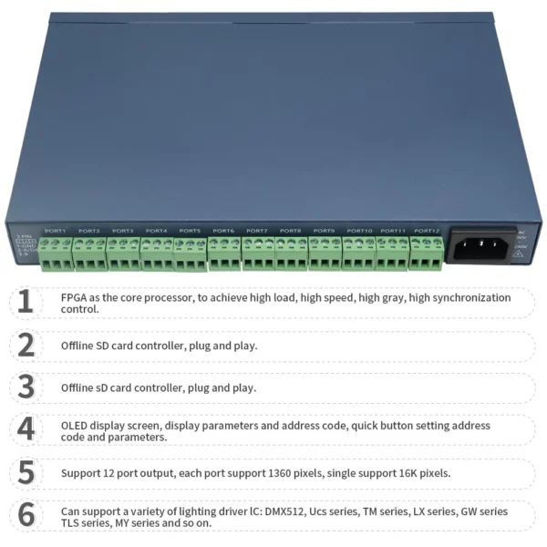 WS2811 WS2812B WS2815 Artnet Pixel Controller DMX512 Offline Player 12X1024 Pixels