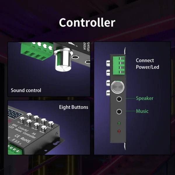 WS2815 WS2811 UCS1903 LED Strip Light Controller DC12-24V - Music, Colorful X4, BRG Remote SPI Pixels